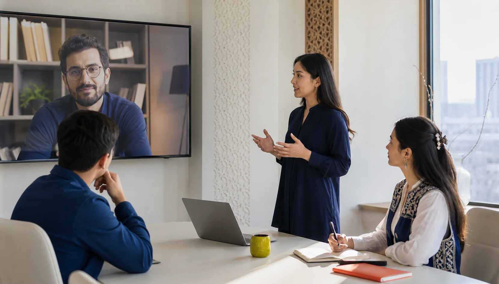 Founder presenting remotely to an international mentor